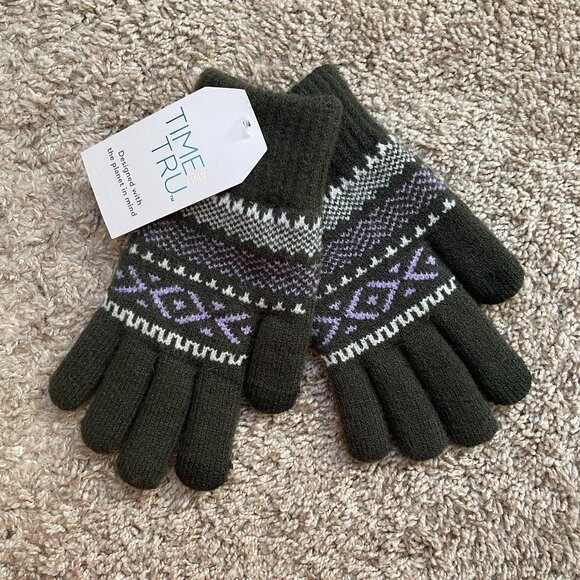 Walmart Time and Tru Green Purple Geometric Nordic Gloves New with Tags - Picture 1 of 5